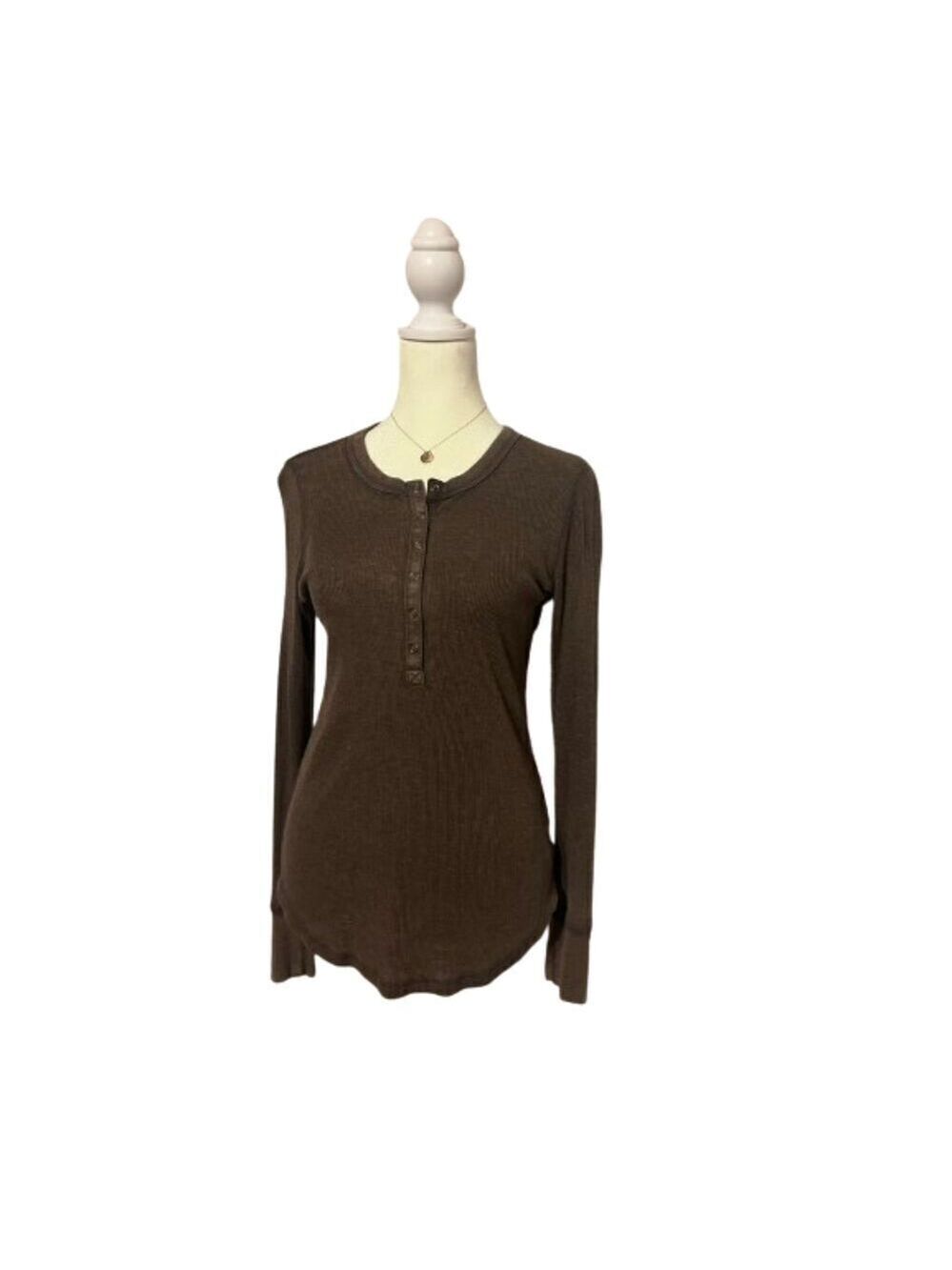 Aerie Brown Ribbed Long Sleeve Half Placket Top Size XS